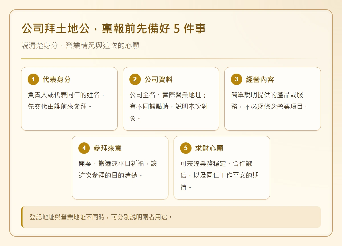 公司拜土地公-company-tudigong-wealth-guide-公司拜土地公稟報前準備代表身分、公司資料、經營內容、參拜來意及求財心願。