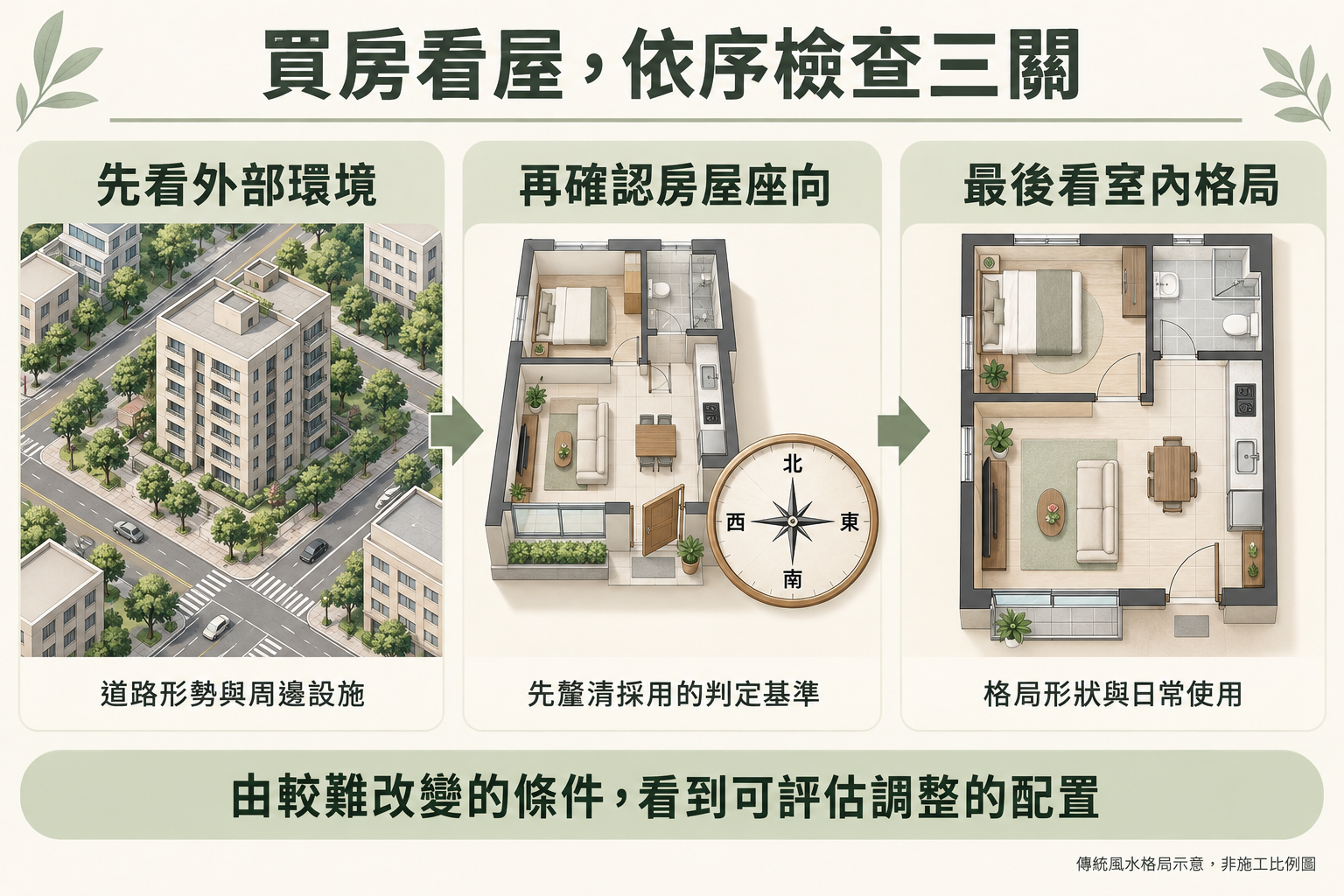 買房風水home-buying-feng-shui-checklist-買房看屋三關流程：外部環境、房屋座向、室內格局，依序檢查道路與周邊、朝向基準及室內配置。