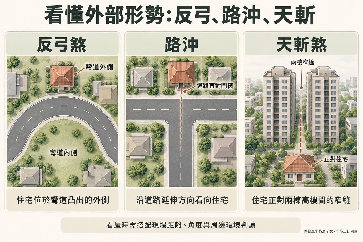 買房風水home-buying-feng-shui-checklist-買房風水外部環境三種形勢示意：住宅位於彎道凸出的外側、道路直對大門或窗戶，以及兩棟高樓之間窄縫正對住宅。