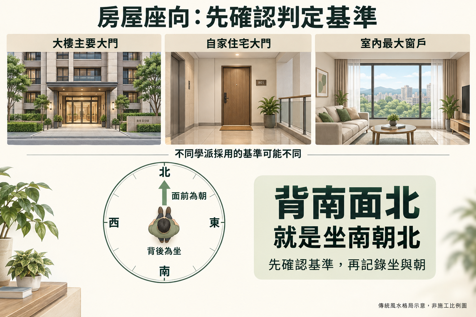 買房風水home-buying-feng-shui-checklist-買房風水房屋座向三種判定基準：大樓主要大門、自家大門與室內最大窗戶；以背南面北的人物示範坐南朝北。