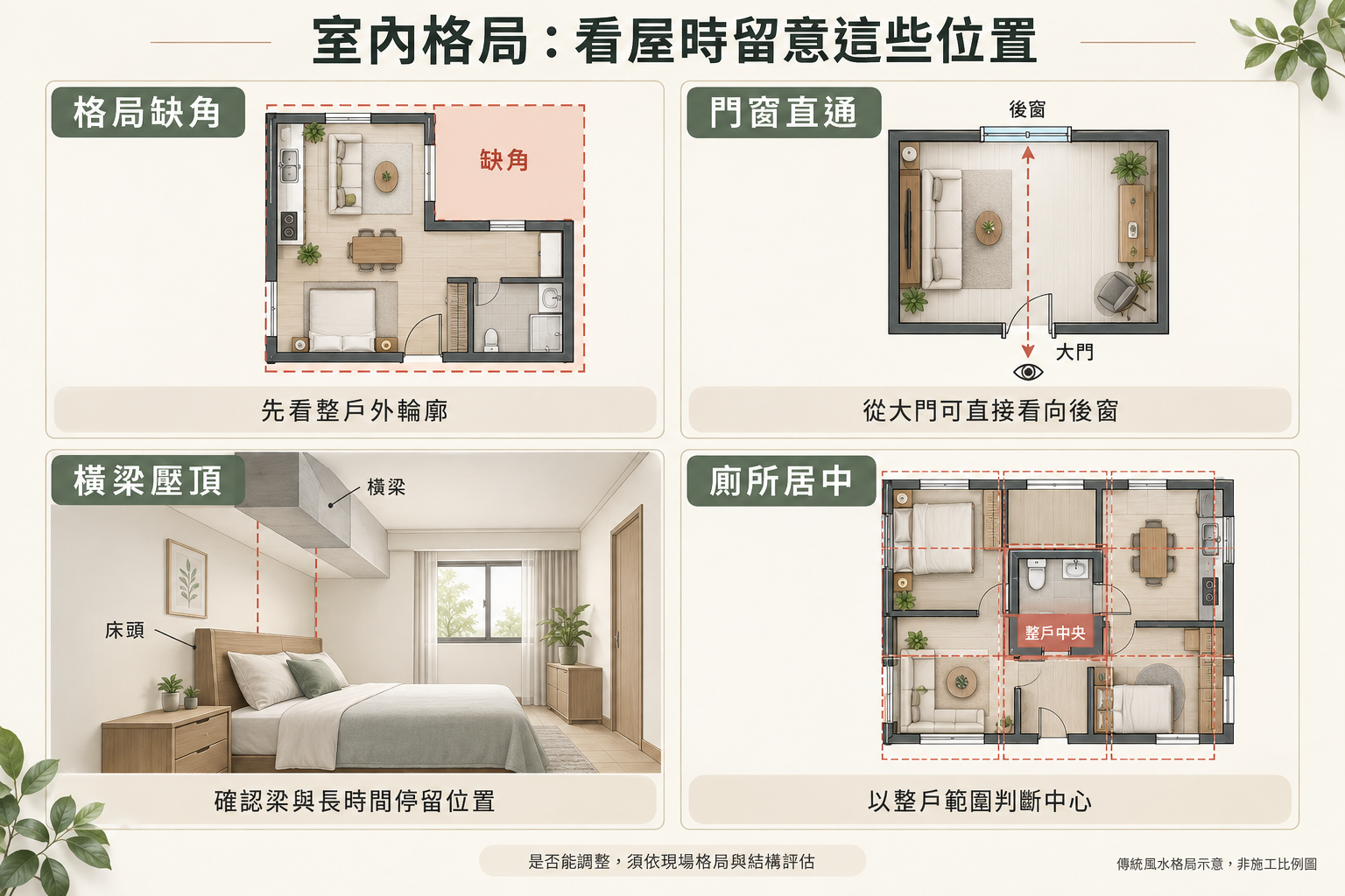 買房風水home-buying-feng-shui-checklist-四格室內示意圖：房屋外輪廓缺角、大門直對後窗、橫梁位於床頭上方，以及廁所位於整戶中央。