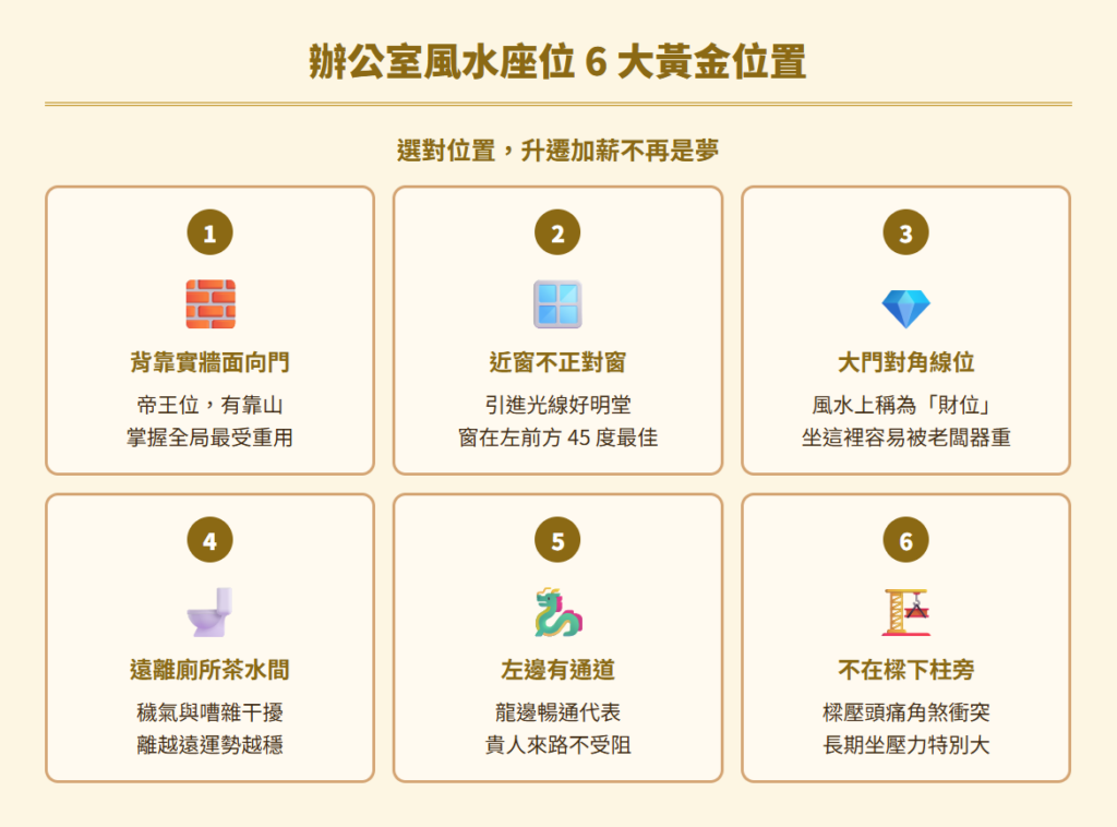 辦公室座位風水office-seat-feng-shui-guide：辦公室風水座位｜6大黃金位置示意圖